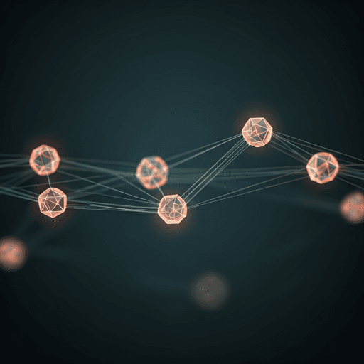 Glowing geometric nodes connected by light strands representing guided conversation