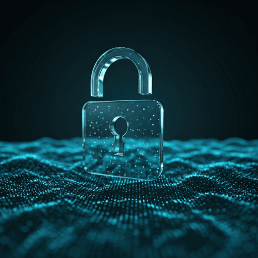 Glass lock icon floating above shimmering data particles in teal and cyan