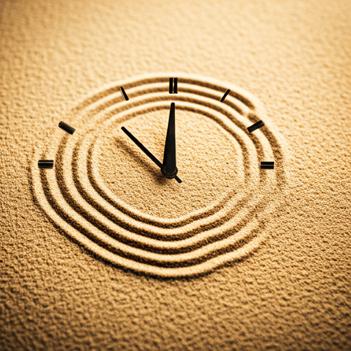 Zen garden sand pattern with minimalist clock silhouette